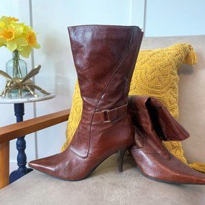 Nine West, mid-calf, red/brown leather boots